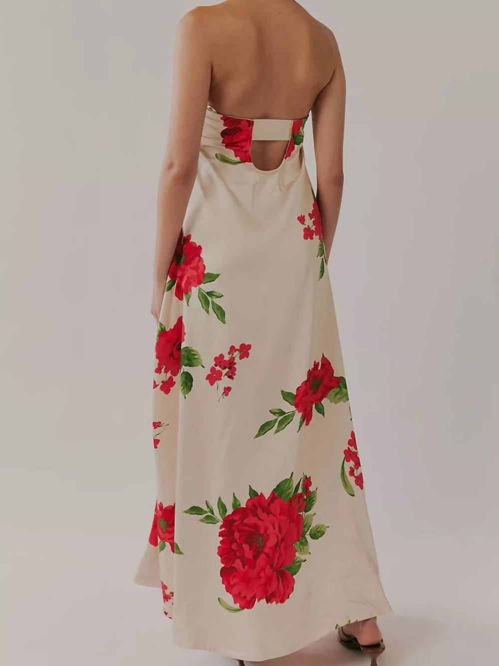 Free People Satin Strapless Cream Maxi Dress with Red Floral Print - Picture 2 of 3